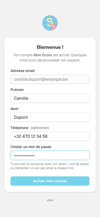 Formulaire d'activation du compte (mobile)