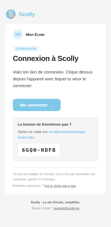 Email contenant le lien de connexion (mobile)