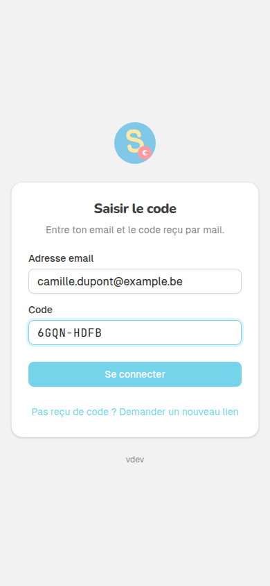 Saisie du code de connexion (mobile)